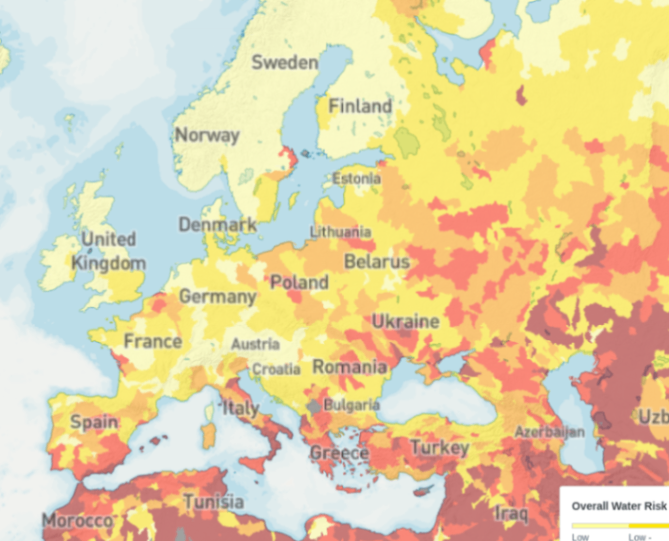 Sweden Finland Norway Denmark United Kingdom Estonia Lithuania Belarus France Spain Poland Germany Ukraine Austria -Croatia Romania Italy Bulgaria Gre Turkey Uzb Azerbaijan Tunisia Morócco traq Overall Water Risk