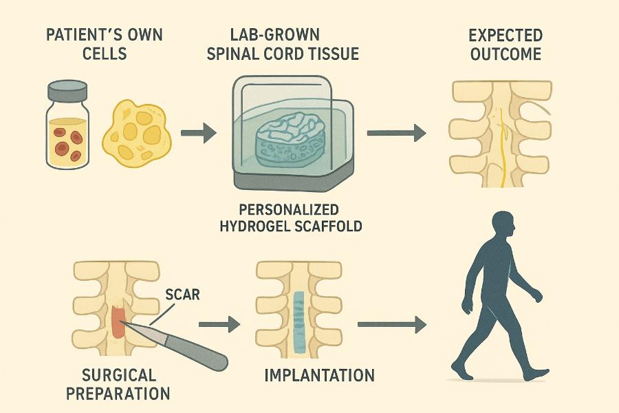 PATIENT'S OWN CELLS LAB-GROWN SPINAL CORD TISSUE EXPECTED OUTCOME PERSONALIZED HYDROGEL SCAFFOLD SCAR SURGICAL PREPARATION IMPLANTATION
