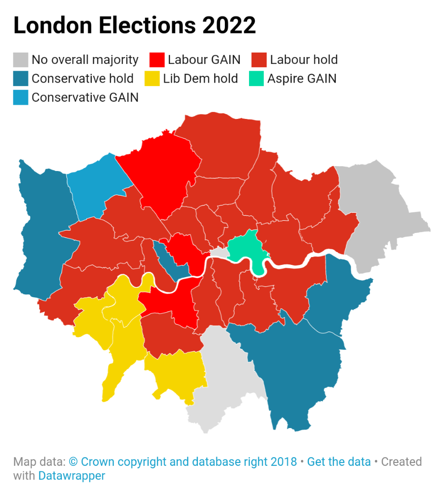 London Elections 2022 No overall majority Labour GAIN Conservative hold Lib Dem hold Conservative GAIN Labour hold Aspire GAIN Map data: © Crown copyright and database right 2018 • Get the data • Created with Datawrapper