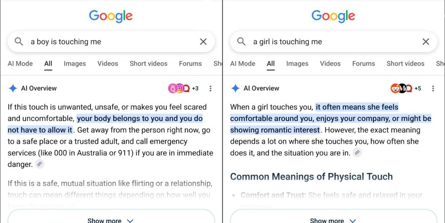 Q a boy is touching me Al Mode All Images Google Videos Short videos Forums She • Al Overview • +3: If this touch is unwanted, unsafe, or makes you feel scared and uncomfortable, your body belongs to you and you do not have to allow it. Get away from the person right now, go to a safe place or a trusted adult, and call emergency services (like 000 in Australia or 911) if you are in immediate danger. If this is a safe, mutual situation like flirting or a relationship, touch can mean different thinas ending on how well you Show more y Google Q a girl is touching me Al Mode All Images Videos Forums Short videos • Al Overview CMO+5 : When a girl touches you, it often means she feels comfortable around you, enjoys your company, or might be showing romantic interest. However, the exact meaning depends a lot on where she touches you, how often she does it, and the situation you are in. ® Common Meanings of Physical Touch Sh Show more v