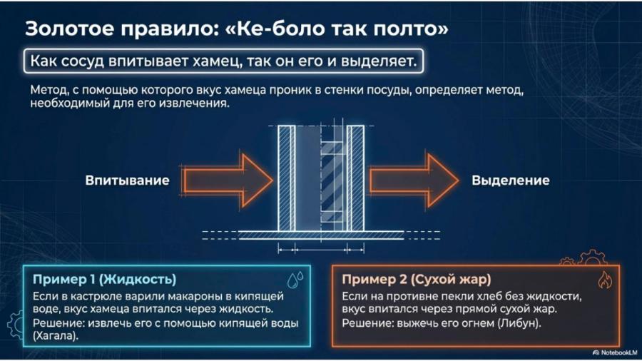 Золотое правило: «Ке-боло так полто» Как сосуд впитывает хамец, так он его и выделяет. Метод, с помощью которого вкус хамеца проник в стенки посуды, определяет метод, необходимый для его извлечения. Впитывание Выделение Пример 1 (Жидкость) Если в кастрюле варили макароны в кипящей воде, вкус хамеца впитался через жидкость. Решение: извлечь его с помощью кипящей воды (Хагала). Пример 2 (Сухой жар) Если на противне пекли хлеб без жидкости, вкус впитался через прямой сухой жар. Решение: выжечь его огнем (Либун). A NotebookLM
