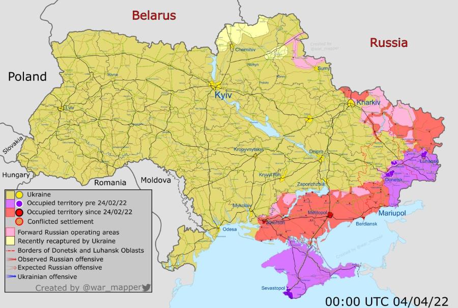 Belarus Poland "Rivne Slovakia Hungary Romania Ukraine Occupied territory pre 24/02/22 Occupied territory since 24/02/22 Conflicted settlement Forward Russian operating areas Recently recaptured by Ukraine -- Borders of Donetsk and Luhansk Oblasts • Observed Russian offensive → Expected Russian offensive Ukrainian offensive Created by @war_mapper Moldova Chernihiv Nizhyn Kyiv Kropyvnytskyi Kryyyi Rih Mykolaiy Odesa i kerson Sevastopol Created by grwar mapper Sumy Russia Kharkiv Dnipro, -Luhagsh Zaporizhzhia Metitopole Donetsk. Mariupol Berdiansk Created by Gwat_mapper 00:00 UTC 04/04/22