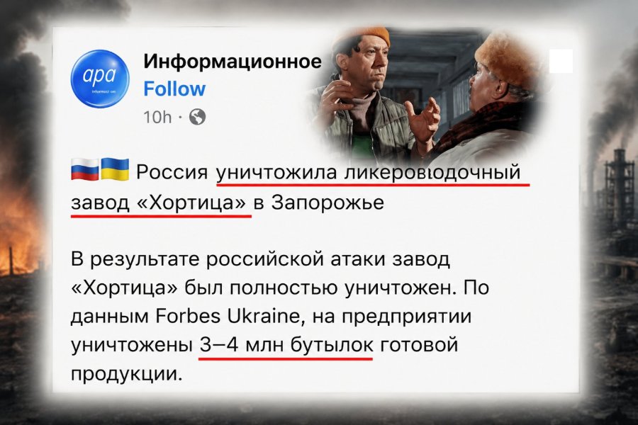 ара Informati on Информационное Follow 10h • Россия уничтожила ликероводочный завод «Хортица» в Запорожье В результате российской атаки завод «Хортица» был полностью уничтожен. По данным Forbes Ukraine, на предприятии уничтожены 3-4 млн бутылок готовой продукции.