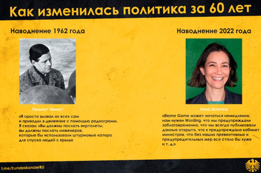 Как изменилась политика за 60 лет Наводнение 1962 года Наводнение 2022 года Гельмут Шмидт «Я просто вызвал их всех сам и приводил в движение с помощью радиограмм. Я сказал: «Вы должны послать вертолеты, вы должны послать инженеров, которые бы использовали штурмовые катера для спуска людей с крыш» Анна Шпигель «Blame Game может начаться немедленно, нам нужен Wording, что мы предупреждали заблаговременно, что мы всегда публиковали данные открыто, что я предупреждала кабинет министров, что без наших превентивных и предупредительных мер все стало бы хуже и т. д.» t.me/bundeskanzlerRU