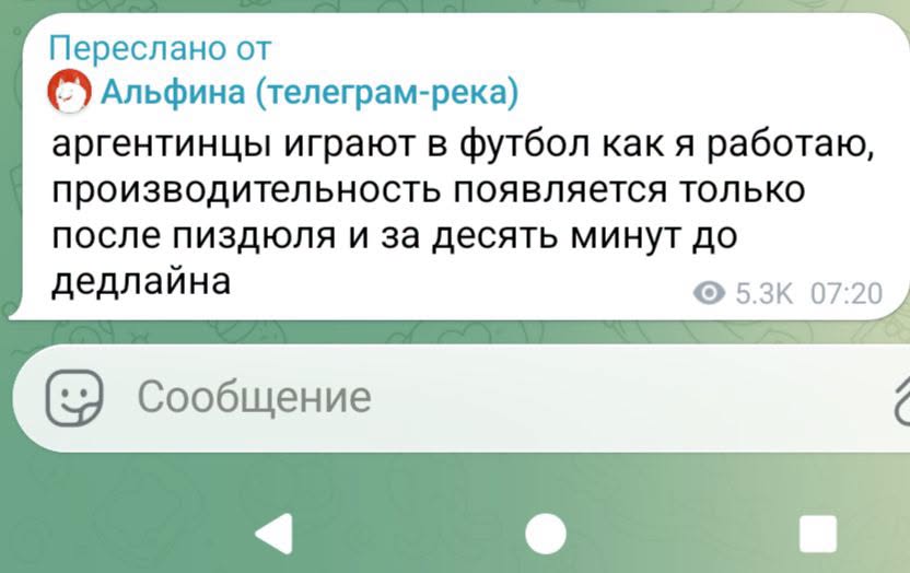Переслано от • Альфина (телеграм-река) аргентинцы играют в футбол как я работаю, производительность появляется только после пиздюля и за десять минут до дедлайна 5.3К 07:20 Сообщение
