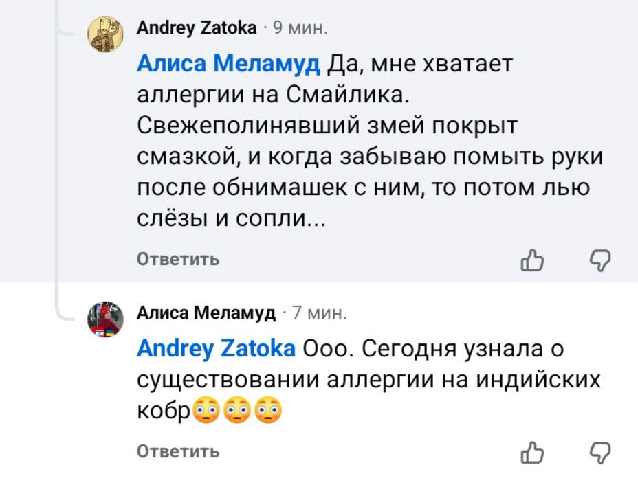 Andrey Zatoka • 9мин. Алиса Меламуд Да, мне хватает аллергии на Смайлика. Свежеполинявший змей покрыт смазкой, и когда забываю помыть руки после обнимашек с ним, то потом лью слёзы и сопли... Ответить Алиса Меламуд • 7 мин. Andrey Zatoka Ooo. Сегодня узнала о существовании аллергии на индийских кобро сз Ответить