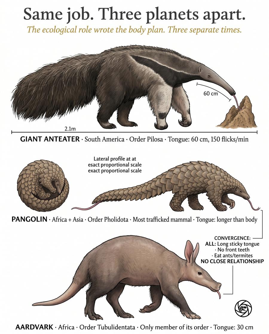 Same job. Three planets apart. The ecological role wrote the body plan. Three separate times. 60 cm 2.1m GIANT ANTEATER • South America • Order Pilosa • Tongue: 60 cm, 150 flicks/min Lateral profile at at esact proportional scale exact proportional scale PANGOLIN • Africa + Asia • Order Pholidota • Most trafficked mammal • Tongue: longer than body CONVERGENCE: ALL: Long sticky tongue • No front teeth • Eat ants/termites NO CLOSE RELATIONSHIP AARDVARK • Africa • Order Tubulidentata • Only member of its order • Tongue: 30 cm