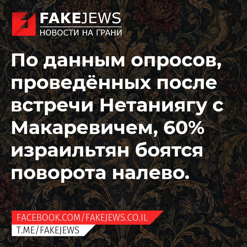FAKEJEWS НОВОСТИ НА ГРАНИ По данным опросов, проведённых после встречи Нетаниягу с Макаревичем, 60% израильтян боятся поворота налево. FACEBOOK.COM/ FAKEJEWS.CO.IL T.ME/FAKEJEWS