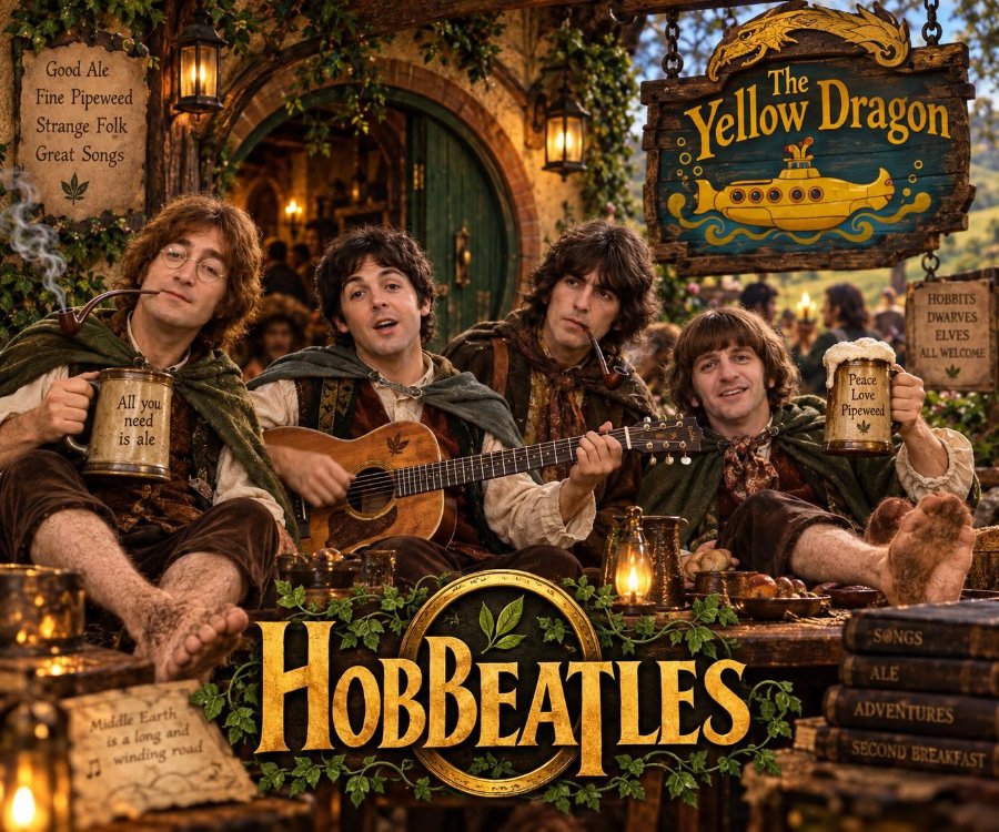 Good Ale Fine Pipeweed Strange Folk Great Songs •Yellow Dragon HOBBITS DWARVES ELVES ALL WELCOME All you need is ale Peace Love Pipeweed Middle: Earth is a long and winding road HOBBEATLES SONGS ALE ADVENTURES SECOND BREAKFAST