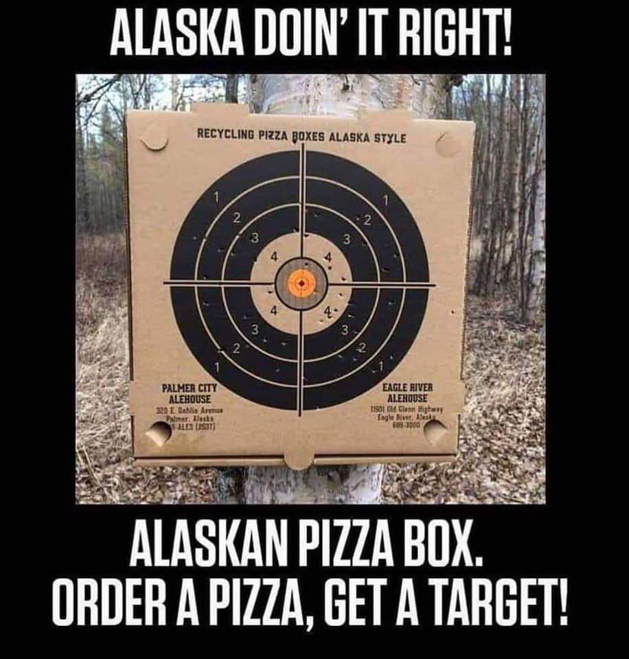 ALASKA DOIN' IT RIGHT! RECYCLING PIZZA BOXES ALASKA STYLE 3 3 4 3 3 2 PALMER CITY ALEHOUSE 320 E Dellis Avenus mir. Masis ALES (ES07) EAGIE RIVER ALENOUSE 11901 CI Giesin 1 Engle River, A ALASKAN PIZZA BOX. ORDER A PIZZA, GET A TARGET!
