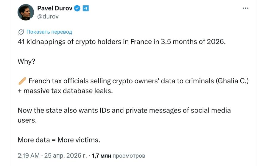 Pavel Durov * • @durov ... S Показать перевод 41 kidnappings of crypto holders in France in 3.5 months of 2026. Why? French tax officials selling crypto owners' data to criminals (Ghalia C.) + massive tax database leaks. Now the state also wants IDs and private messages of social media users. More data = More victims. 2:19 AM • 25 апр. 2026 г. • 1,7 млн просмотров