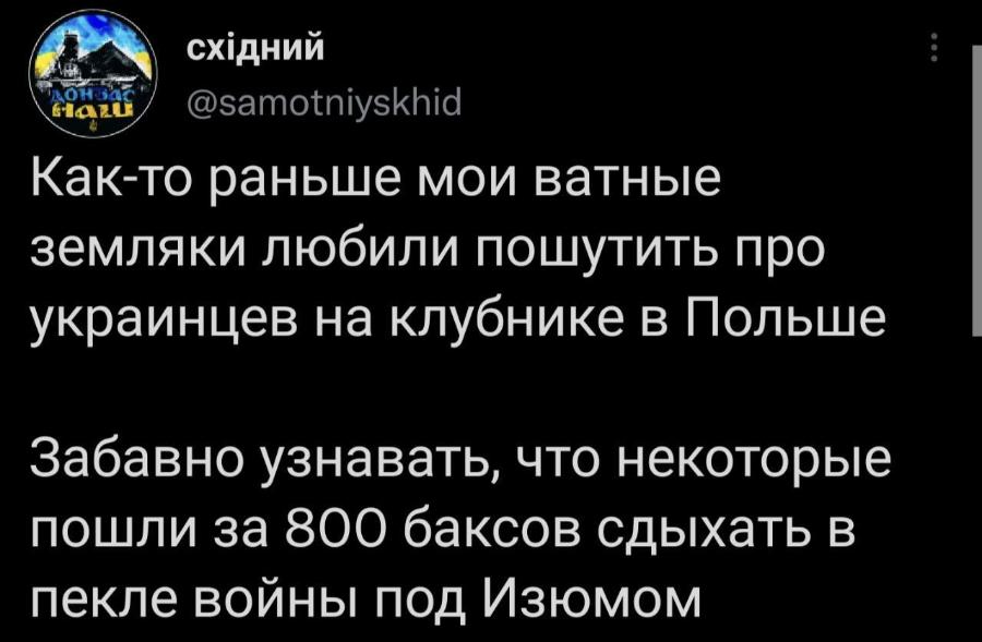східний HaTu @samotniyskhid Как-то раньше мои ватные земляки любили пошутить про украинцев на клубнике в Польше Забавно узнавать, что некоторые пошли за 800 баксов сдыхать в пекле войны под Изюмом