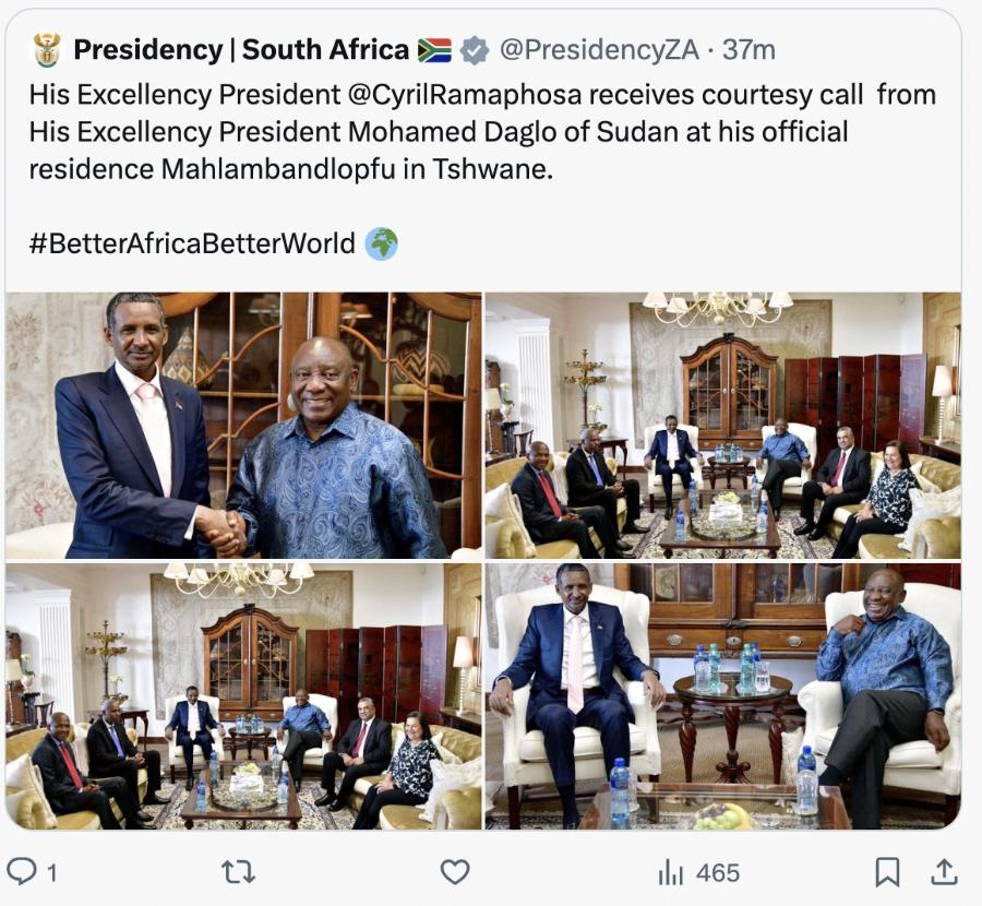 Presidency | South Africa @PresidencyZA • 37m His Excellency President @CyrilRamaphosa receives courtesy call from His Excellency President Mohamed Daglo of Sudan at his official residence Mahlambandlopfu in Tshwane. #BetterAfricaBetterWorld • 1 1hl 465