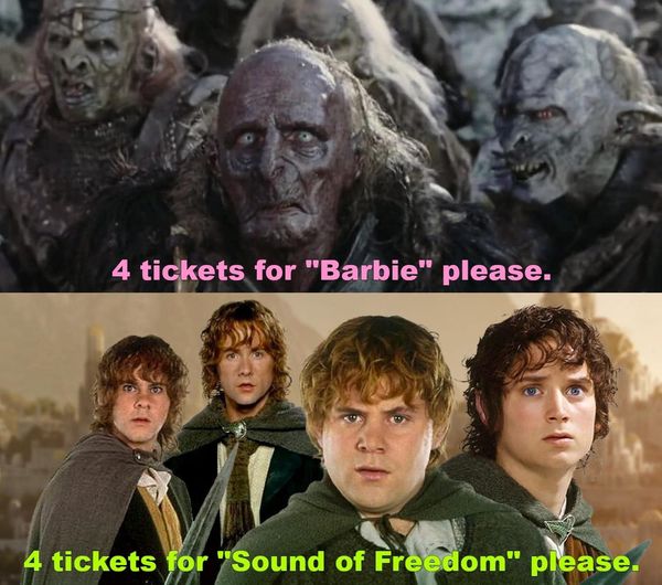 4 tickets for "Barbie" please. 4 tickets for "Sound of Freedom" please.