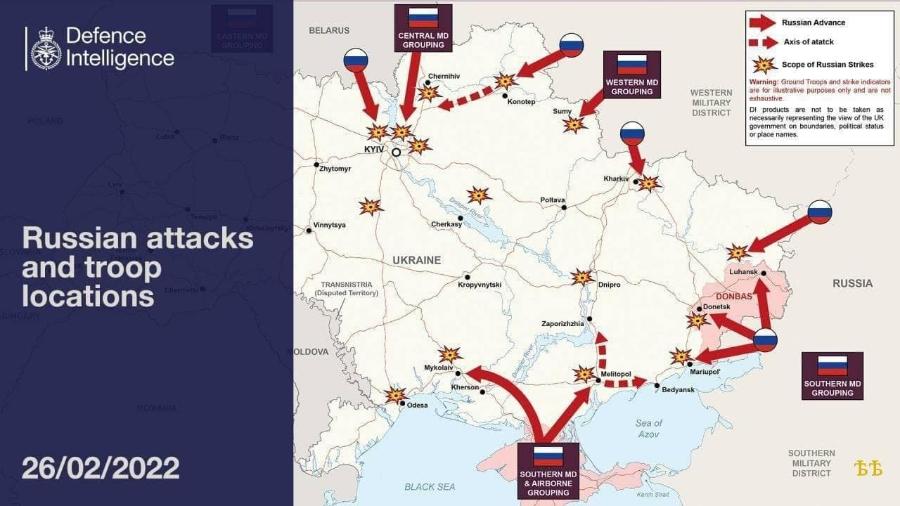 Defence Intelligence POLAND Russian attacks and troop locations charmita 26/02/2022 BELARUS CENTRAL MD GROUPING Chernihiv KYIVR Sum Poltava Zhytomyr Vinnytsya TRANSNISTRIA (Disputed Territory) OLDOVA E Cherkasy UKRAINE Kropyvnytski Mykolaiv Kherson Zaporizhzhia • Odesa BLACK SEA SOUTHERN MD & AIRBORNE GROUPING WESTERN MD GROUPING Kharkiv WESTERN MILITARY DISTRICT Russian Advance Axis of atatck Scope of Russian Strikes Warning: Ground Troops and strike indicators are for illustrative purposes only and are not exhaustive. Di products are not to be taken as necessarily representing the view of the UK govemment on boundaries, palitical status or place names, Dnipro Melitopol Luhansk DONBAS Donetsk Mariupol' RUSSIA Bedyansk Sea of Azov Kerch Stra SOUTHERN MD GROUPING SOUTHERN MILITARY DISTRICTI БЪ
