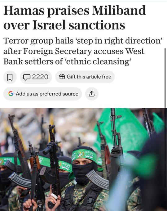 Hamas praises Miliband over Israel sanctions Terror group hails 'step in right direction' after Foreign Secretary accuses West Bank settlers of 'ethnic cleansing' \ 2220 Gift this article free • Add us as preferred source