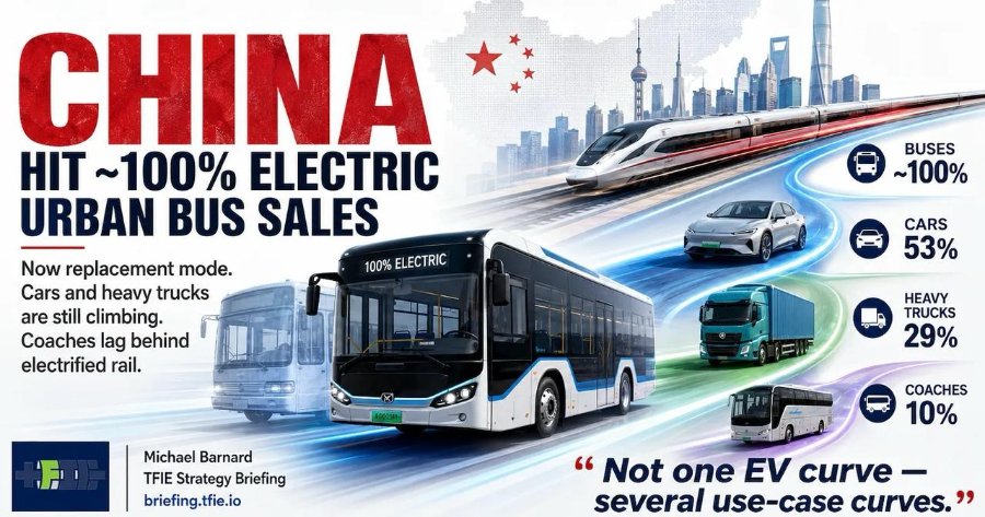 CHINA HIT ~100% ELECTRIC URBAN BUS SALES Now replacement mode. Cars and heavy trucks are still climbing. Coaches lag behind electrified rail. 100% ELECTRIC Michael Barnard TFIE Strategy Briefing briefing.tfie.io BUSES ~100% CARS 53% HEAVY TRUCKS 29% COACHES 10% " Not one EV curve - several use-case curves."