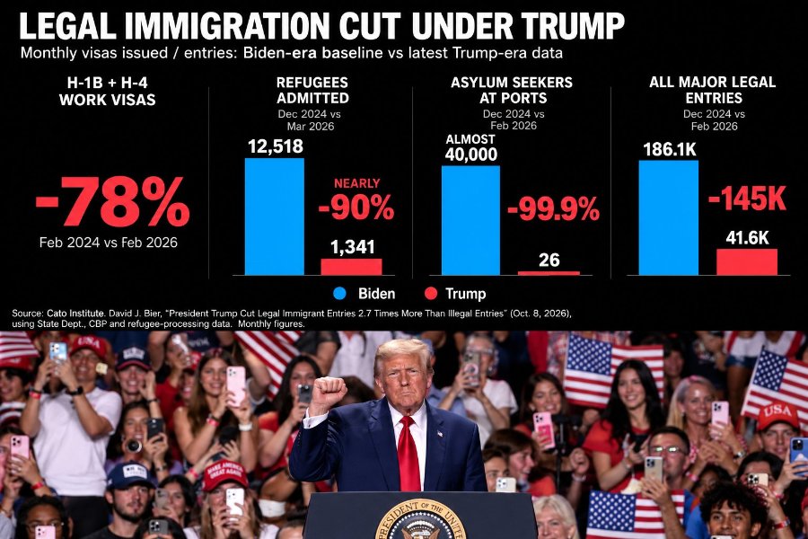 LEGAL IMMIGRATION CUT UNDER TRUMP Monthly visas issued / entries: Biden-era baseline vs latest Trump-era data H-1B + H-4 REFUGEES ASYLUM SEEKERS WORK VISAS ADMITTED AT PORTS Dec 2024 vs Dec 2024 vs Mar 2026 Feb 2026 12,518 ALMOST 40,000 ALL MAJOR LEGAL ENTRIES Dec 2024 vs Feb 2026 186.1K -78% Feb 2024 vs Feb 2026 NEARLY -90% 1,341 Biden -99.9% 26 -145K 41.6K Trump Source: Cato Institute. David J. Bier, "President Trump Cut Legal Immigrant Entries 2.7 Times More Than Illegal Entries" (Oct. 8, 2026), using State Dept., CBP and refugee-processing data. Monthly figures. USA MAKE AN BEAT ARA