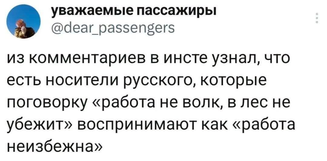 уважаемые пассажиры @dear_passengers из комментариев в инсте узнал, что есть носители русского, которые поговорку «работа не волк, в лес не убежит» воспринимают как «работа неизбежна»