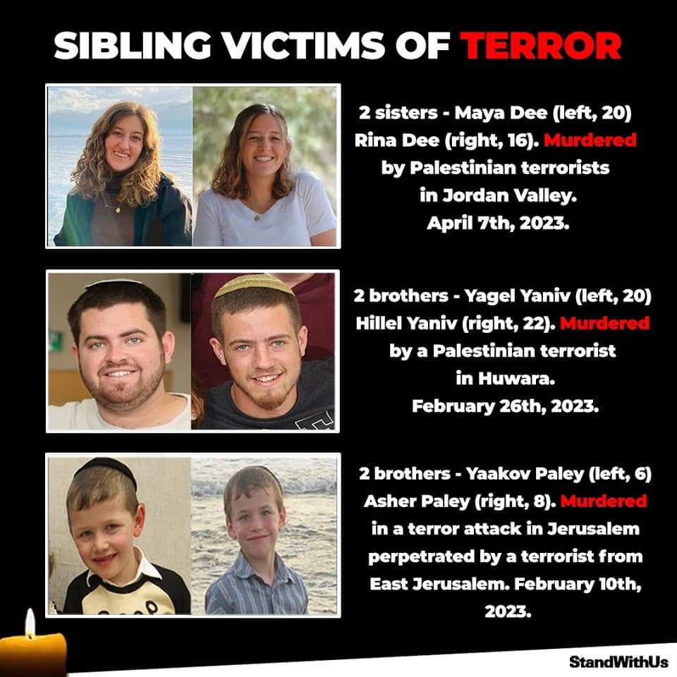 SIBLING VICTIMS OF TERROR 2 sisters - Maya Dee (left, 20) Rina Dee (right, 16). Murdered by Palestinian terrorists in Jordan Valley• April 7th, 2023. 2 brothers - Yagel Yaniv (left, 20) Hillel Yaniv (right, 22). Murdered by a Palestinian terrorist in Huwara. February 26th, 2023. 2 brothers - Yaakov Paley (left, 6) Asher Paley (right, 8). Murdered in a terror attack in Jerusalem perpetrated by a terrorist from East Jerusalem. February 10th, 2023. StandWithUs