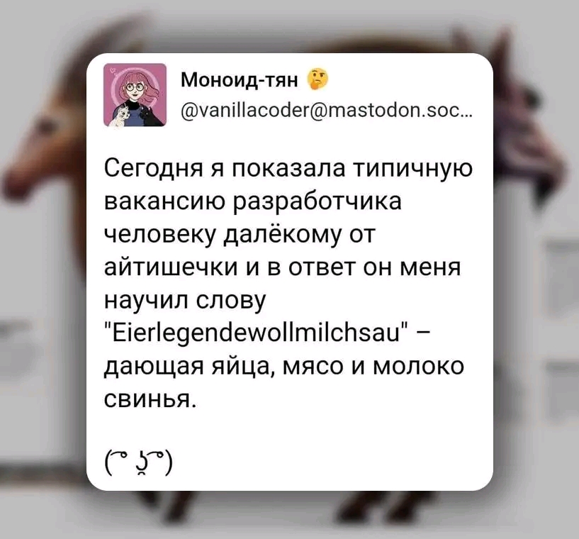 Моноид-тян @vanillacoder@mastodon.soc... Сегодня я показала типичную вакансию разработчика человеку далёкому от айтишечки и в ответ он меня научил слову "Eierlegendewollmilchsau" - дающая яйца, мясо и молоко свинья. (050)