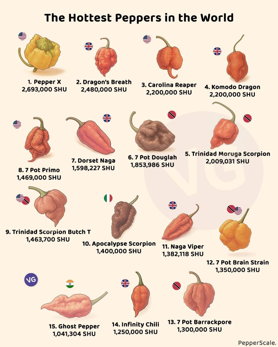 The Hottest Peppers in the World 1. Pepper X 2,693,000 SHU 2. Dragon's Breath 2,480,000 SHU 3. Carolina Reaper 2,200,000 SHU 4. Komodo Dragon 2,200,000 SHU 7. Dorset Naga 1,598,227 SHU 6. 7 Pot Douglah 1,853,986 SHU 5. Trinidad Moruga Scorpion 2,009,031 SHU 8. 7 Pot Primo 1,469,000 SHU 9. Trinidad Scorpion Butch T 1,463,700 SHU 10. Apocalypse Scorpion 1,400,000 SHU 11. Naga Viper 1,382,118 SHU 12.7 Pot Brain Strain 1,350,000 SHU NG 15. Ghost Pepper 1,041,304 SHU 14. Infinity Chili 1,250,000 SHU 13. 7 Pot Barrackpore 1,300,000 SHU PepperScale.