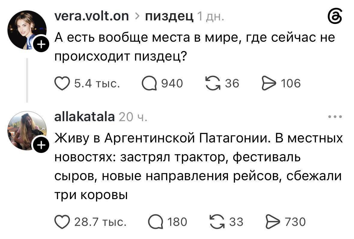 vera.volt.on › пиздец 1 дн. А есть вообще места в мире, где сейчас не происходит пиздец? 5.4 тыс. 940 G 36 • 106 allakatala 20ч. Живу в Аргентинской Патагонии. В местных новостях: застрял трактор, фестиваль сыров, новые направления рейсов, сбежали три коровы 28.7 тыс. 180 G33 D730