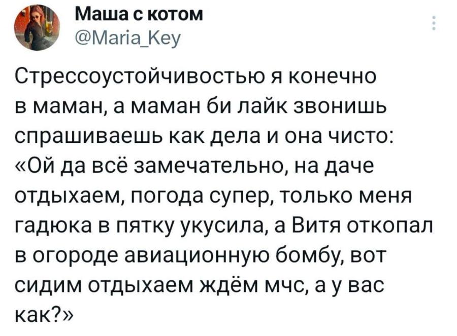 Маша с котом @Maria_Key Стрессоустойчивостью я конечно в маман, а маман би лайк звонишь спрашиваешь как дела и она чисто: «Ой да всё замечательно, на даче отдыхаем, погода супер, только меня гадюка в пятку укусила, а Витя откопал в огороде авиационную бомбу, вот сидим отдыхаем ждём мчс, а у вас как?»