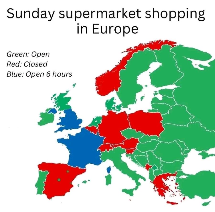 Sunday supermarket shopping in Europe Green: Open Red: Closed Blue: Open 6 hours