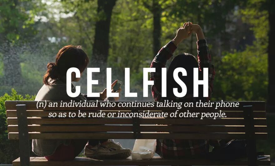 CELLFISH (n) an individual who continues talking on their phone so as to be rude or inconsiderate of other people.