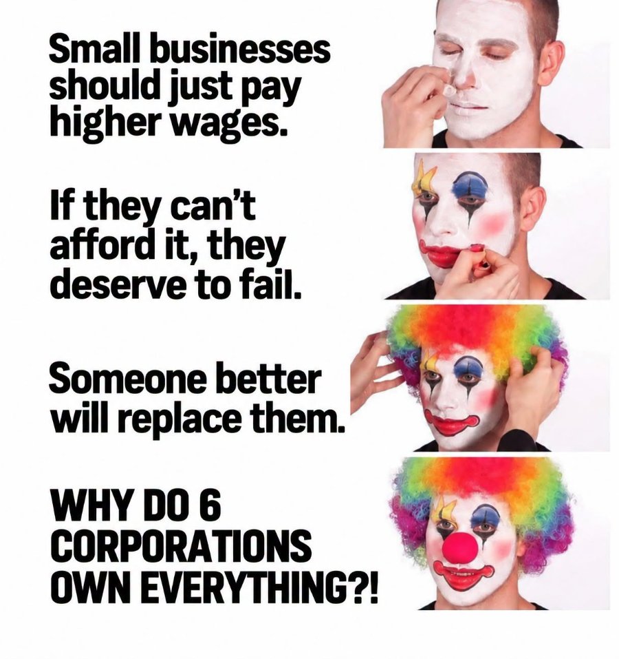 Small businesses should just pay higher wages. If they can't afford it, they deserve to fail. Someone better will replace them. WHY DO 6 CORPORATIONS OWN EVERYTHING?!