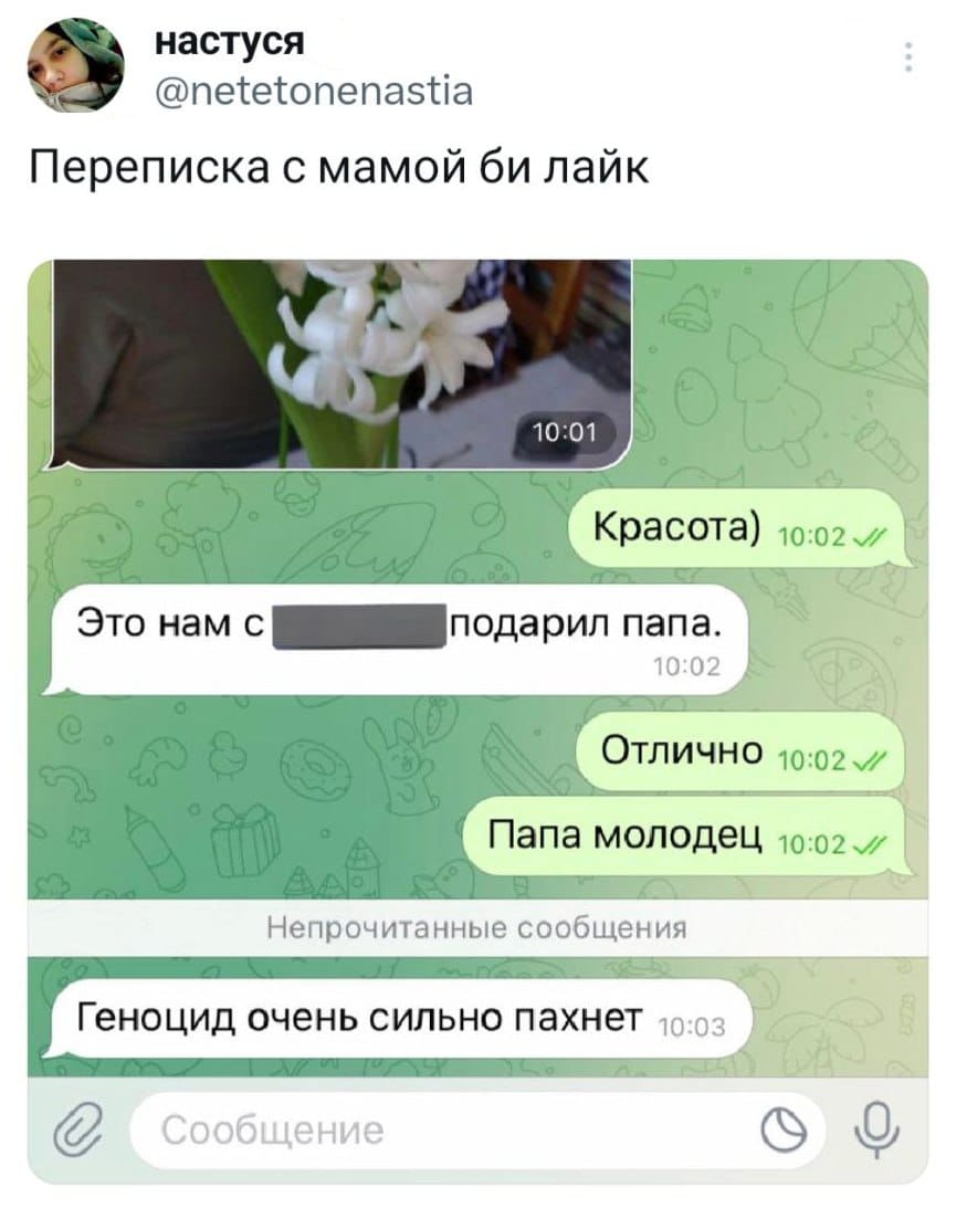 настуся @netetonenastia Переписка с мамой би лайк 10:01 Это нам с Красота) 10:02 л1 подарил папа. 10:02 Отлично 10:02 л/ Папа молодец 10:02 л/ Непрочитанные сообщения Геноцид очень сильно пахнет 10:03 Сообщение
