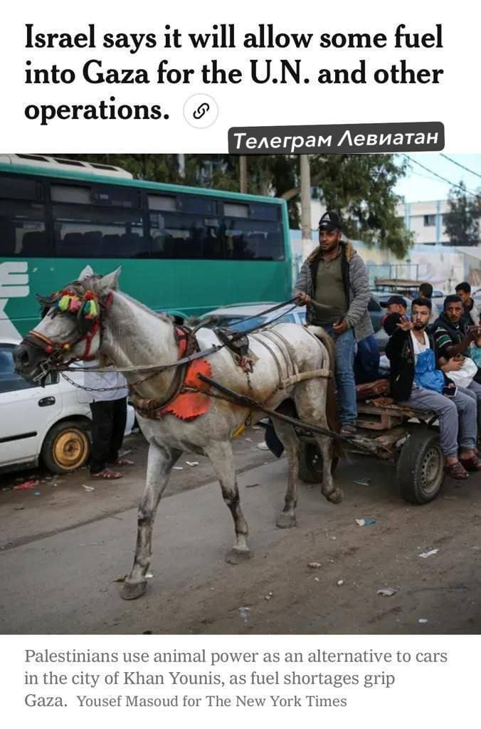 Israel says it will allow some fuel into Gaza for the U.N. and other operations. Телеграм Левиатан Palestinians use animal power as an alternative to cars in the city of Khan Younis, as fuel shortages grip Gaza. Yousef Masoud for The New York Times