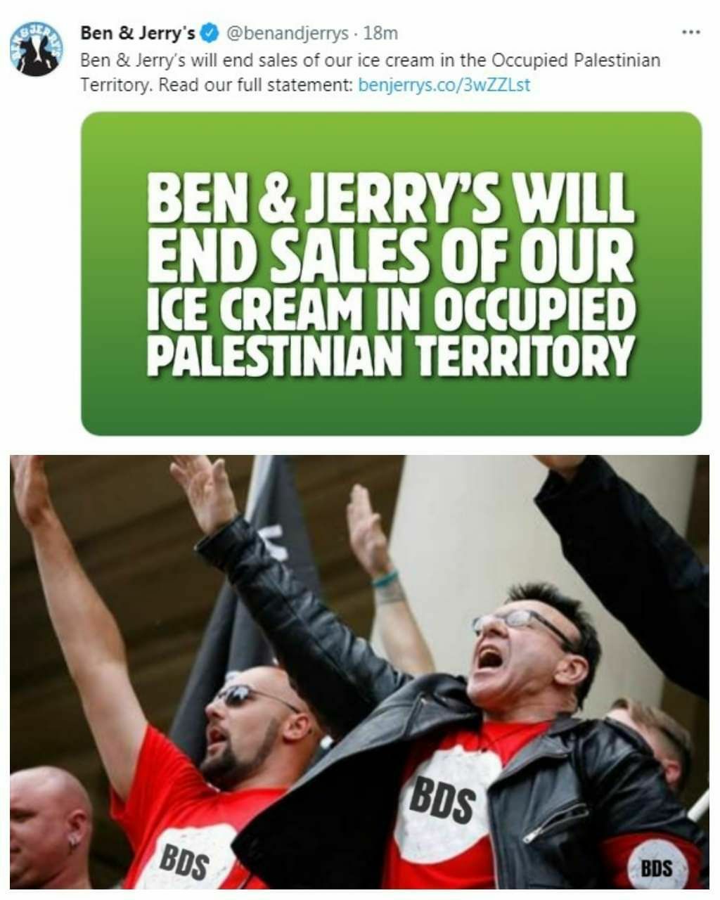 Ben & Jerry's 4 @benandjerrys • 18m Ben & Jerry's will end sales of our ice cream in the Occupied Palestinian Territory. Read our full statement: benjerrys.co/3wZZLst BEN & JERRY'S WILL END SALES OF OUR ICE CREAM IN OCCUPIED PALESTINIAN TERRITORY BDS BDS BDS