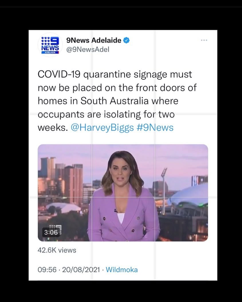 NEWS 9News Adelaide C @9NewsAdel COVID-19 quarantine signage must now be placed on the front doors of homes in South Australia where occupants are isolating for two weeks. @HarveyBiggs #9News 3:06 5 42.6K views 09:56 • 20/08/2021 • Wildmoka