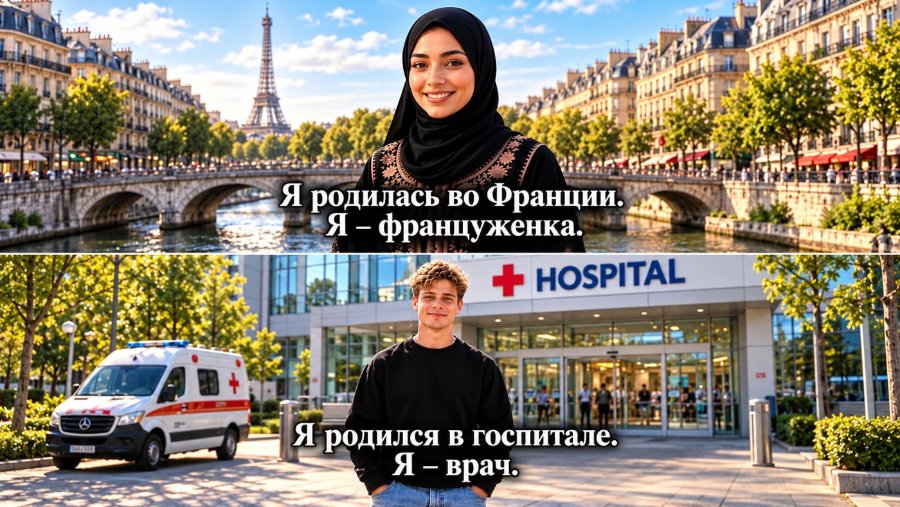 Я родилась во Франции. Я - француженка. * HOSPITAL Я родился в госпитале. Я - врач.