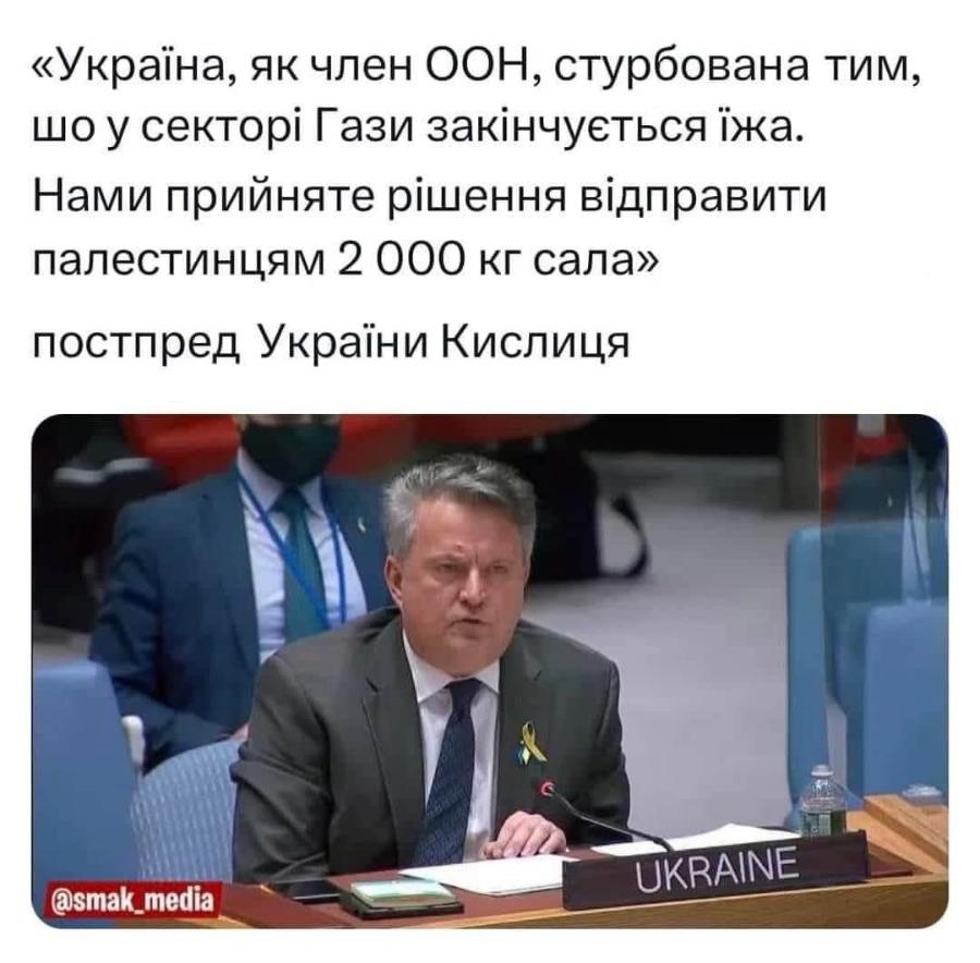 «Україна, як член ООН, стурбована тим, шо у секторі Гази закінчується їжа. Нами прийняте рішення відправити палестинцям 2 000 кг сала» постпред України Кислиця UKRAINE @smak_media