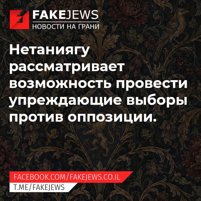 FAKEJEWS НОВОСТИ НА ГРАНИ Нетаниягу рассматривает возможность провести упреждающие выборы против оппозиции. FACEBOOK.COM/ FAKEJEWS.CO.IL T.ME/FAKEJEWS