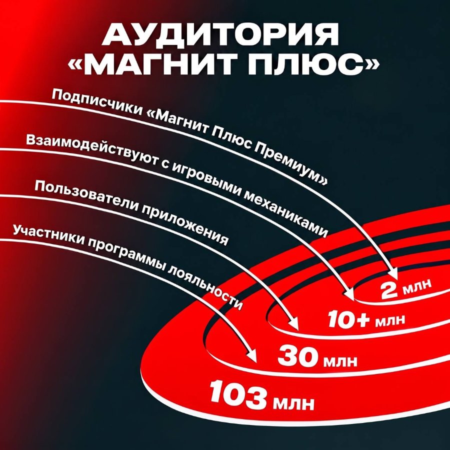 АУДИТОРИЯ «МАГНИТ ПЛЮС» Подписчики «Магнит Плюс Премиум» Взаимодействуют с игровыми механиками Пользователи приложения участники программы лояльности 2 млн 30 млн 103 млн