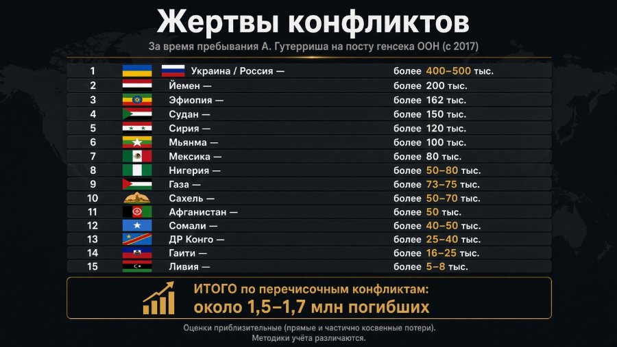 Жертвы конфликтов За время пребывания А. Гутерриша на посту генсека ООН (с 2017) 1 3 4 5 6 7 8 9 10 11 12 13 14 15 Украина / Россия - более 400-500 тыс. Йемен - более 200 тыс. Эфиопия - более 162 тыс. Судан - более 150 тыс. Сирия - более 120 тыс. Мьянма - более 100 тыс. Мексика - более 80 тыс. Нигерия - более 50-80 тыс. Газа - более 73-75 тыс. Сахель - более 50-70 тыс. Афганистан - более 50 тыс. Сомали - более 40-50 тыс. ДР Конго - более 25-40 тыс. Гаити - более 16-25 тыс. Ливия - более 5-8 тыс. ИТОГО по перечисочным конфликтам: около 1,5-1,7 млн погибших Оценки приблизительные (прямые и частично косвенные потери). Методики учёта различаются.
