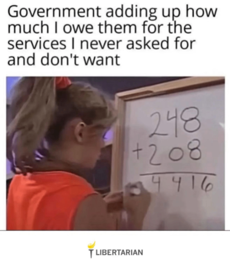 Government adding up how much I owe them for the services I never asked for and don't want 248 + 208 4416 T LIBERTARIAN