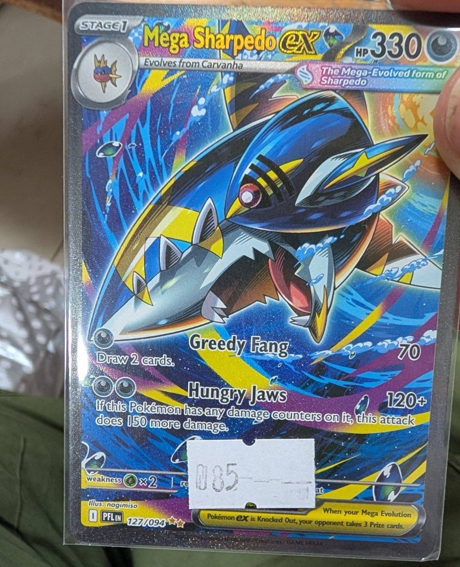 STAGET Mega Sharpedo eXP Evolves from Carvanha HP330 The Mega-Evolved form of Sharpedo Greedy Fang Draw 2 cards. Hungry Jaws 120+ If this Pokémon has any damage counters on it, this attack does 150 more damage. weakness Illus. nagimiso OPFLEN x2 re 085 127/094 at When your Mega Evolution Pokémon eX is Knocked Out, your opponent takes 3 Prize cards. reatures GAME FREA