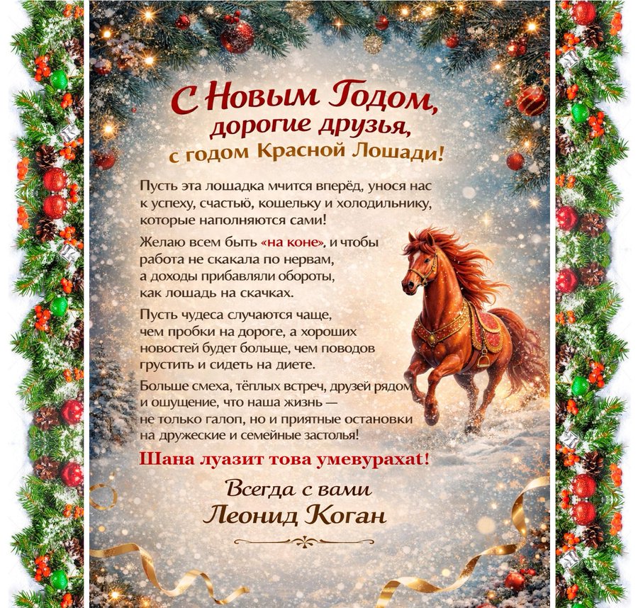 С Новым Годом, дорогие друзья, с годом Красной Лошади! Пусть эта лошадка мчится вперёд, унося нас к успеху, счастью, кошельку и холодильнику, которые наполняются сами! Желаю всем быть «на коне», и чтобы работа не скакала по нервам, а доходы прибавляли обороты, как лошадь на скачках. Пусть чудеса случаются чаще, чем пробки на дороге, а хороших новостей будет больще, чем поводов грустить и сидеть на диете. Больше смеха, тёплых встреч, друзей рядом и оущение, что наша жизнь - не только галоп, но и приятные остановки на дружеские и семейные застолья! Шана луазит това умевурахат! Всегда с вами Леонид Коган
