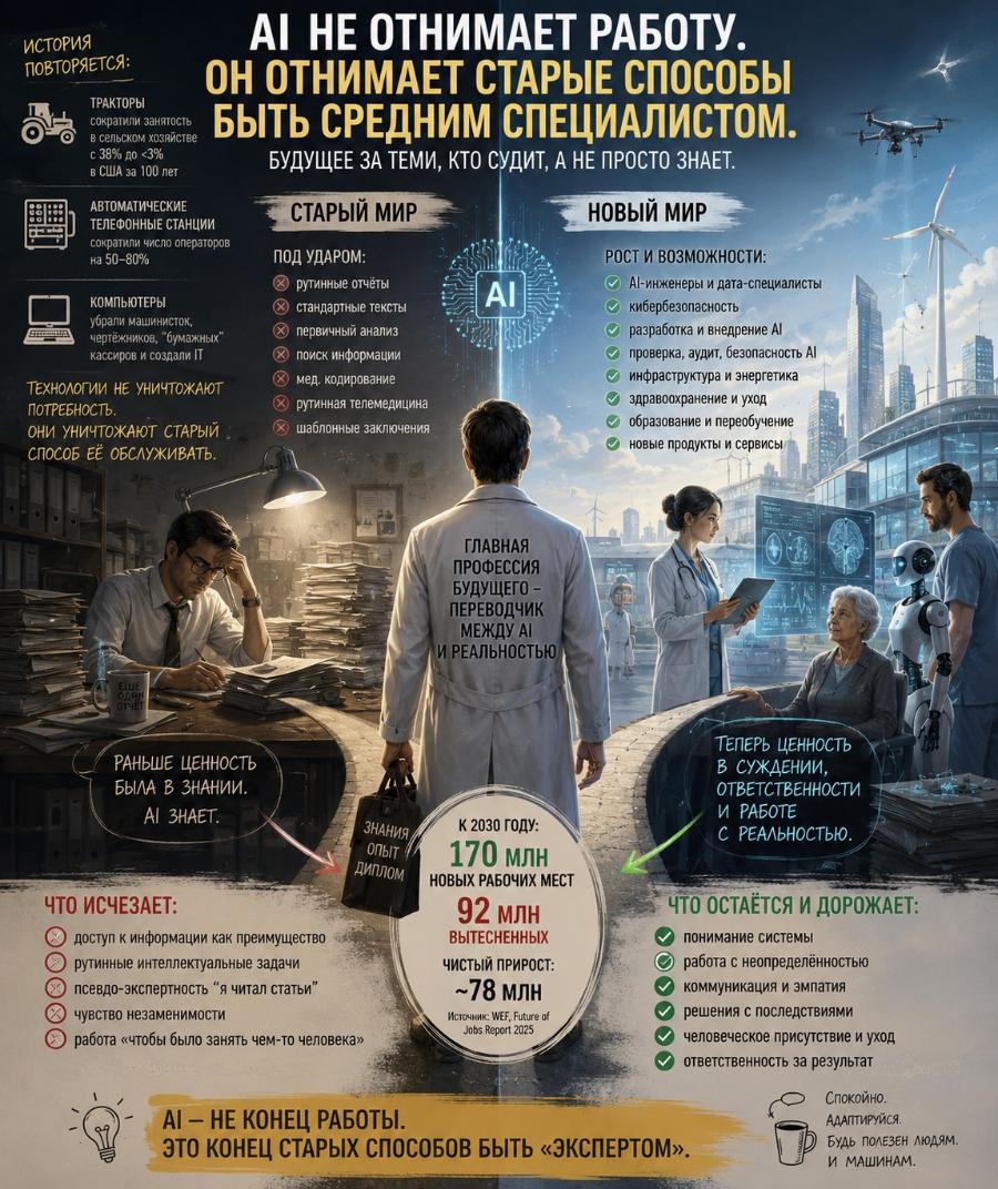ИСТОРИЯ ПОВТОРЯЕТСЯ: ТРАКТОРЫ сократили занятость в сельском хозяйстве с 38% до <3% в США за 100 лет АІ НЕ ОТНИМАЕТ РАБОТУ. ОН ОТНИМАЕТ СТАРЫЕ СПОСОБЫ БЫТЬ СРЕДНИМ СПЕЦИАЛИСТОМ. БУДУЩЕЕ ЗА ТЕМИ, КТО СУДИТ, А НЕ ПРОСТО ЗНАЕТ. АВТОМАТИЧЕСКИЕ ТЕЛЕФОННЫЕ СТАНЦИИ сократили число операторов на 50-80% КОМПЬЮТЕРЫ убрали машинисток, чертёжников, "бумажных" кассиров и создали Т ТЕХНОЛОГИИ НЕ УНИЧТОЖАЮТ ПОТРЕБНОСТЬ. ОНИ УНИЧТОЖАЮТ СТАРЫЙ СПОСОБ ЕЕ ОБСЛУЖИВАТЬ. СТАРЫЙ МИР НОВЫЙ МИР ПОД УДАРОМ: рутинные отчёты * стандартные тексты * первичный анализ * поиск информации мед. кодирование рутинная телемедицина шаблонные заключения Al РОСТ И ВОЗМОЖНОСТИ: АІ-инженеры и дата-специалисты кибербезопасность разработка и внедрение AI проверка, аудит, безопасность Al инфраструктура и энергетика здравоохранение и уход образование и переобучение новые продукты и сервисы ГЛАВНАЯ ПРОФЕССИЯ БУДУЩЕГО - ПЕРЕВОДЧИК МЕЖДУ АІ И РЕАЛЬНОСТЬЮ ЕШЕ ОДАН ОТЧЕТ РАНЬШЕ ЦЕННОСТЬ БЫЛА В ЗНАНИИ. AI ЗНАЕТ. ЧТО ИСЧЕЗАЕТ: доступ к информации как преимущество рутинные интеллектуальные задачи псевдо-экспертость чита стать" чувство незаменимости работа «чтобы было занять чем-то человека» ЗНАНИЯ / ОПЫТ ДИПЛОМ К 2030 ГОДУ: 170 млн НОВЫХ РАБОЧИХ МЕСТ 92 млн ВЫТЕСНЕННЫХ ЧИСТЫЙ ПРИРОСТ: ~78 млн Источник: WEF, Future of Jobs Report 2025 AI - НЕ КОНЕЦ РАБОТЫ. ЭТО КОНЕЦ СТАРЫХ СПОСОБОВ БЫТЬ «ЭКСПЕРТОМ». ТЕПЕРЬ ЦЕННОСТЬ В СУЖДЕНИИ, ОТВЕТСТВЕННОСТИ И РАБОТЕ С РЕАЛЬНОСТЬЮ. ЧТО ОСТАЁТСЯ И ДОРОЖАЕТ: понимание системы работа с неопределённостью коммуникация и эмпатия решения с последствиями человеческое присутствие и уход ответственность за результат Спокойно. АДАПТИРУЙСЯ. БУДЬ ПОЛЕЗЕН ЛЮДЯМ. И МАШИНАМ