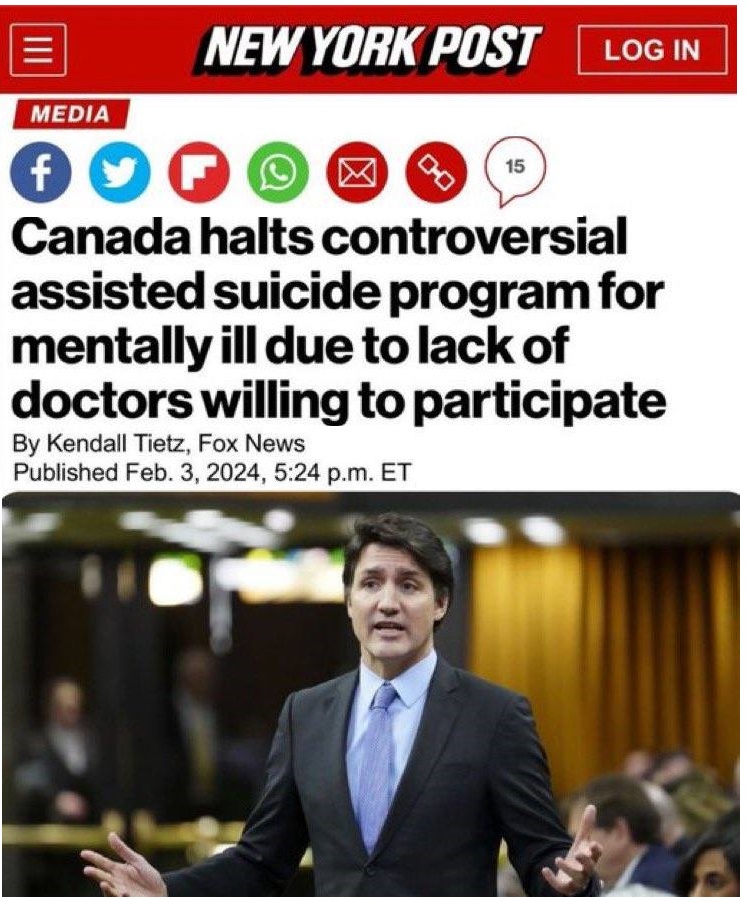 NEW YORK POST LOG IN MEDIA f 15 Canada halts controversial assisted suicide program for mentally ill due to lack of doctors willing to participate By Kendall Tietz, Fox News Published Feb. 3, 2024, 5:24 p.m. ET