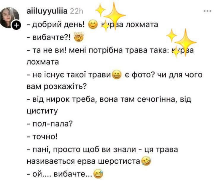 + aiiluyyuliia 22h - добрий день! рза лохмата - вибачте?! - та не ви! мені потрібна трава така: к ур за лохмата - не існує такої трави є фото? чи для чого вам розкажіть? - від нирок треба, вона там сечогінна, від циститу - пол-пала? - точно! - пані, просто щоб ви знали - ця трава називається ерва шерстиста - ой .... вибачте...