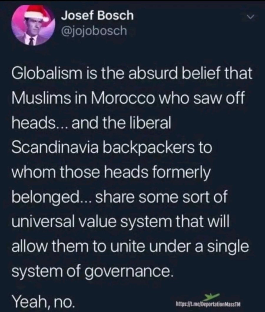 Josef Bosch @jojobosch Globalism is the absurd belief that Muslims in Morocco who saw off heads... and the liberal Scandinavia backpackers to whom those heads formerly belonged... share some sort of universal value system that will allow them to unite under a single system of governance. Yeah, no. https://t.me/DeportationMassTM