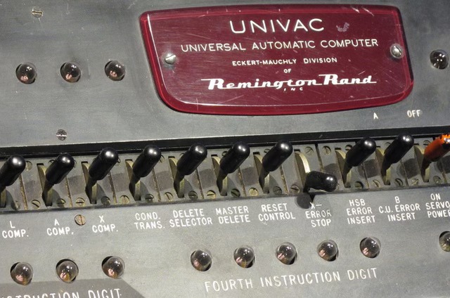 UNIVAC UNIVERSAL AUTOMATIC COMPUTER ECKERT-MAUCHLY DIVISION Remingon Pand OFF COMP. COMP COMP. COND, DELETE MASTER RESEN TRANS, SELECTOR DELETE CONTROL ERROR STOP ON HSB ERROR C.U. ERROR SERVO INSERT INSERT POWE' FOURTH INSTRUCTION DIGIT