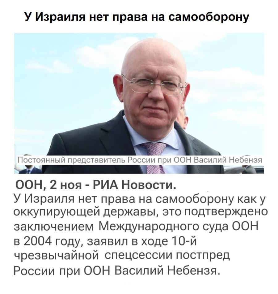 У Израиля нет права на самооборону Постоянный представитель России при ООН Василий Небензя ООН, 2 ноя - РИА Новости. У Израиля нет права на самооборону как у оккупирующей державы, это подтверждено заключением Международного суда ООН в 2004 году, заявил в ходе 10-й чрезвычайной спецсессии постпред России при ООН Василий Небензя.