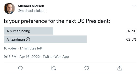 Michael Nielsen @michael_nielsen Is your preference for the next US President: A human being A lizardman O 16 votes • 17 minutes left 9:13 PM • Apr 16, 2022 • Twitter Web App 17 ... 37.5% 62.5%